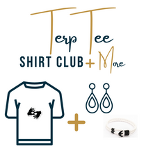 Load image into Gallery viewer, Wording: TerpTee Shirt Club + More; Icon picture of a t-shirt with the interpreter symbol in the center of the shirt. An icon of a &quot;plus symbol&quot;; and icon of a pair of dangling earrings, and an image of a white and black rope bracelet.
