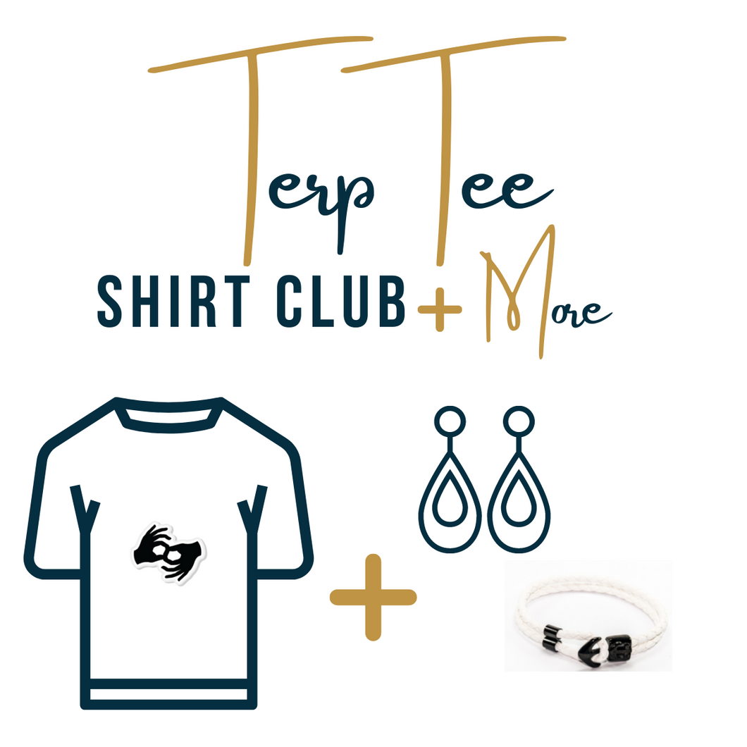 Wording: TerpTee Shirt Club + More; Icon picture of a t-shirt with the interpreter symbol in the center of the shirt. An icon of a 